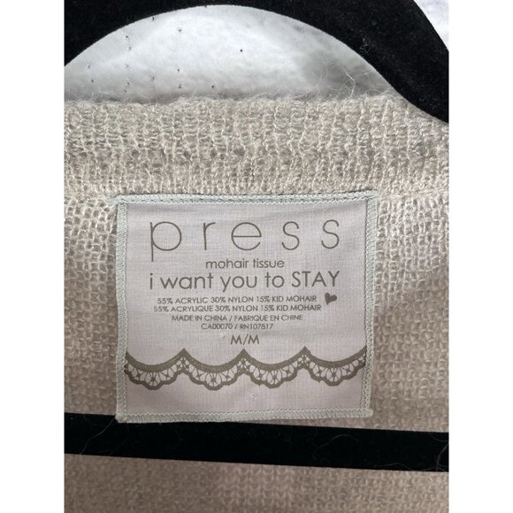 PRESS MOHAIR TISSUE Women's Tan Cross Lightweight Crew Neck Sweater Medium - Picture 3 of 5